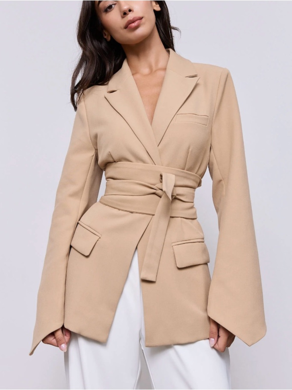 Odd Muse Belted Beige Blazer Jacket - Women's Tailored Ponte
